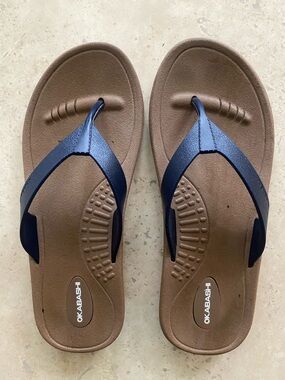 Okabashi Navy Blue Flip Flops with brown footbed